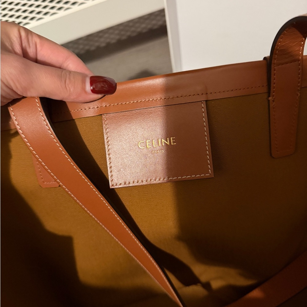 Celine Cream Canvas Tote with Brown Trim and Burgundy Logo Print - Picture 2 of 5